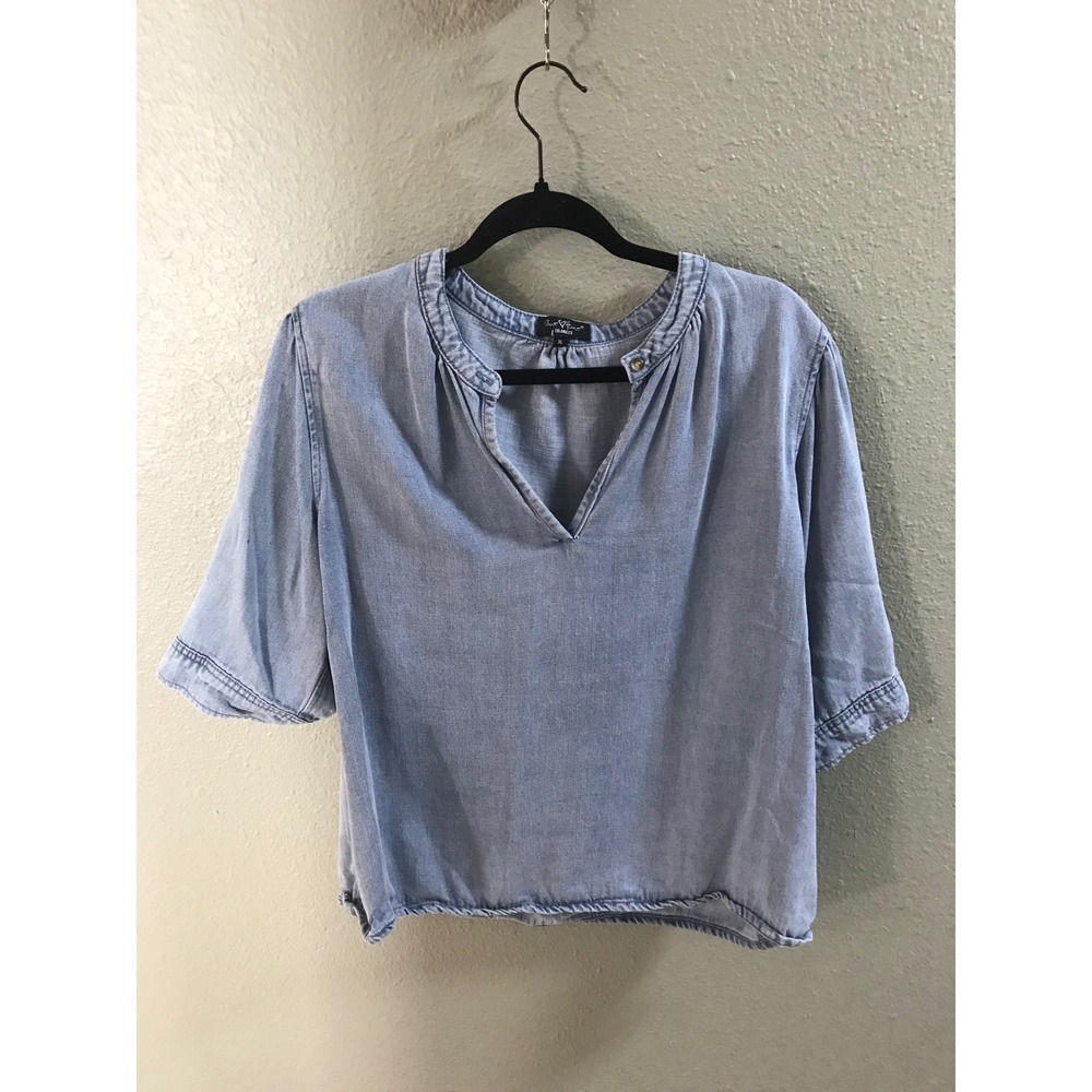 Velvet Heart Tencel Lyocell Denim Blue Split Neck Puff Sleeve Blouse XL